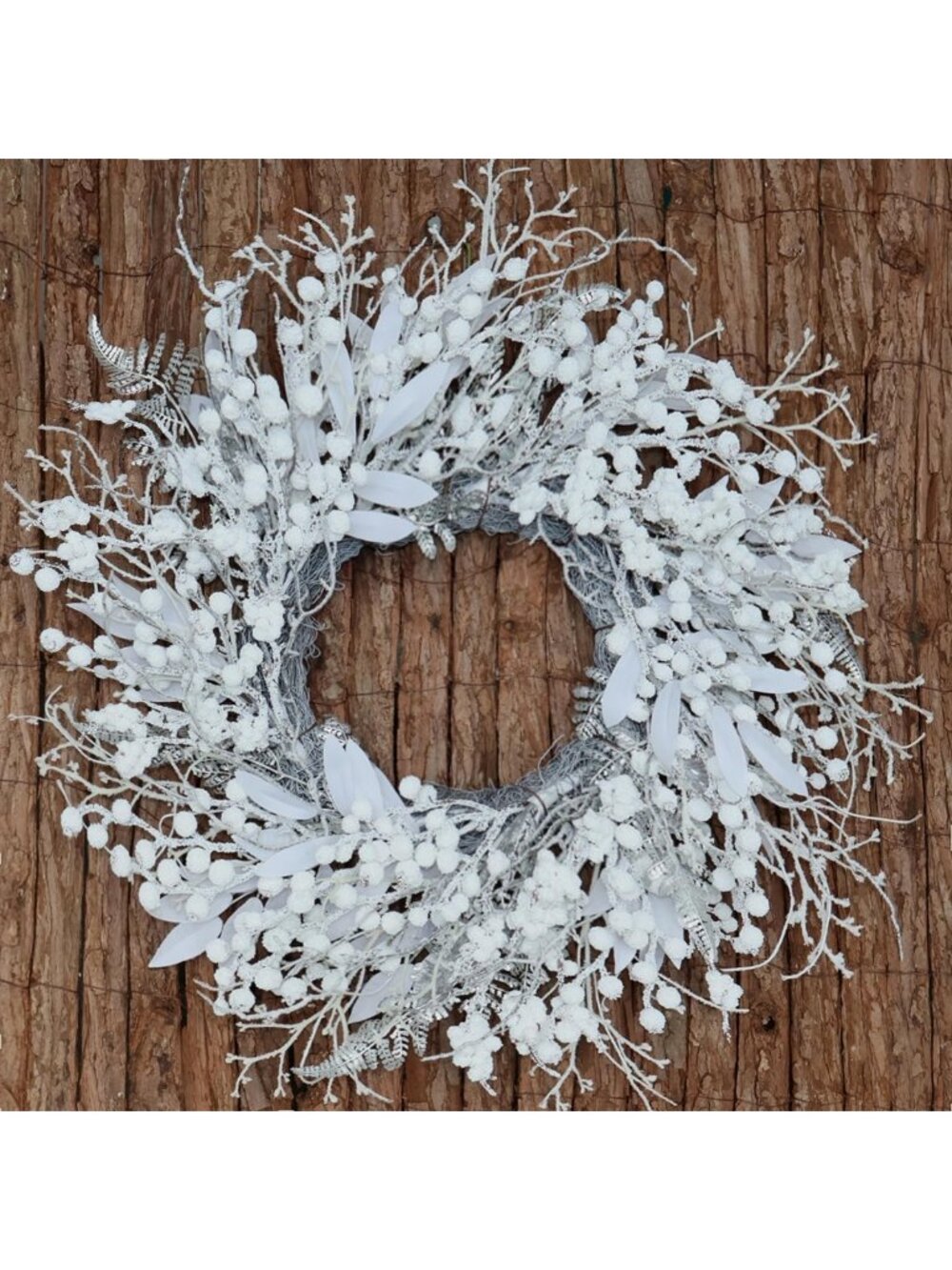 20 Inch Snow Flocked White Berry Winter Wreath with Twig & Leave- Artificial